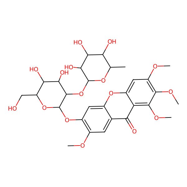 2D Structure of 6-[(2S,3R,4S,5S,6R)-4,5-dihydroxy-6-(hydroxymethyl)-3-[(2S,3R,4R,5R,6S)-3,4,5-trihydroxy-6-methyloxan-2-yl]oxyoxan-2-yl]oxy-1,2,3,7-tetramethoxyxanthen-9-one