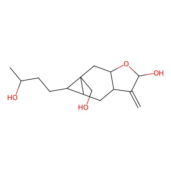 2D Structure of (2S,3aR,4aS,5S,5aS,6aR)-5-[(3S)-3-hydroxybutyl]-5a-(hydroxymethyl)-3-methylidene-3a,4,4a,5,6,6a-hexahydrocyclopropa[f][1]benzofuran-2-ol