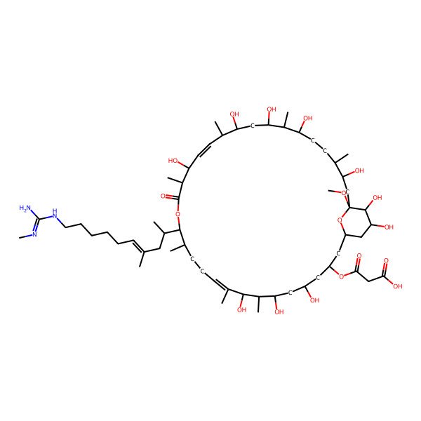 2D Structure of 3-[[(10E,20E)-5,7,9,19,23,25,27,31,34,35-decahydroxy-33-methoxy-8,10,14,18,22,26,30-heptamethyl-15-[(E)-4-methyl-10-[(N'-methylcarbamimidoyl)amino]dec-4-en-2-yl]-17-oxo-16,37-dioxabicyclo[31.3.1]heptatriaconta-10,20-dien-3-yl]oxy]-3-oxopropanoic acid