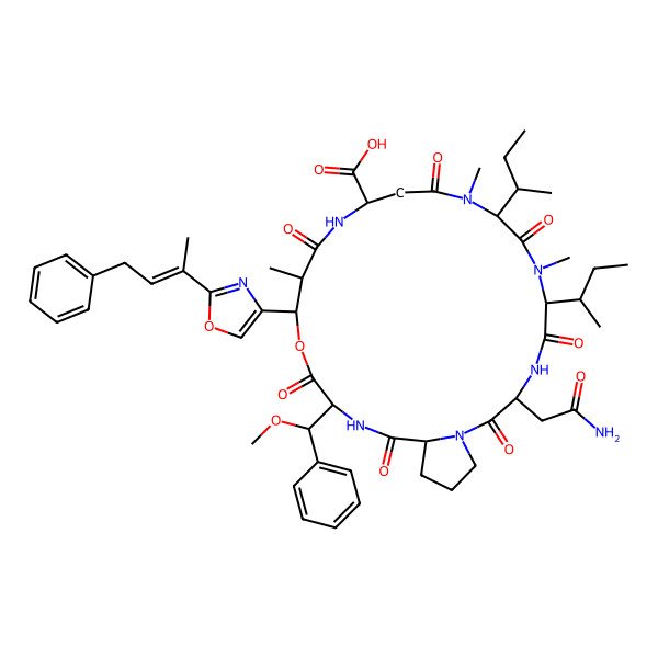 2D Structure of 3-(2-Amino-2-oxoethyl)-6,9-di(butan-2-yl)-20-[methoxy(phenyl)methyl]-7,10,16-trimethyl-2,5,8,11,15,19,22-heptaoxo-17-[2-(4-phenylbut-2-en-2-yl)-1,3-oxazol-4-yl]-18-oxa-1,4,7,10,14,21-hexazabicyclo[21.3.0]hexacosane-13-carboxylic acid
