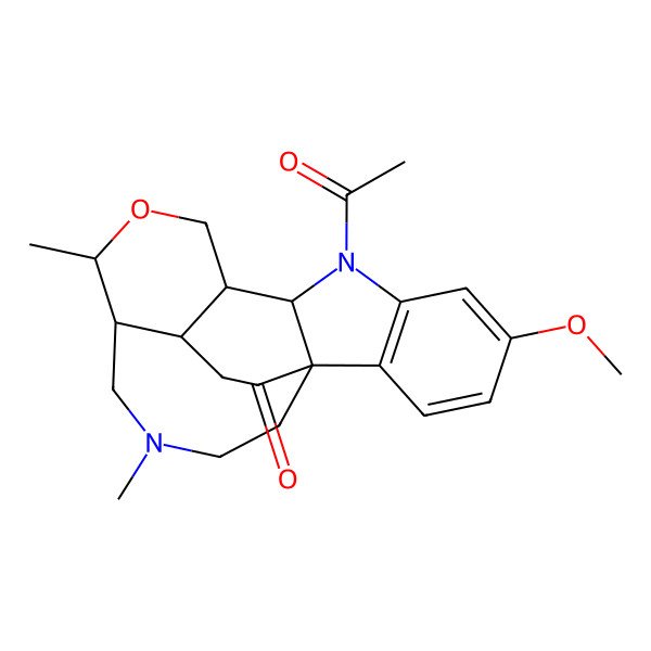 2D Structure of 8-Acetyl-5-methoxy-13,16-dimethyl-12-oxa-8,16-diazapentacyclo[8.8.3.01,9.02,7.014,21]henicosa-2(7),3,5-trien-19-one