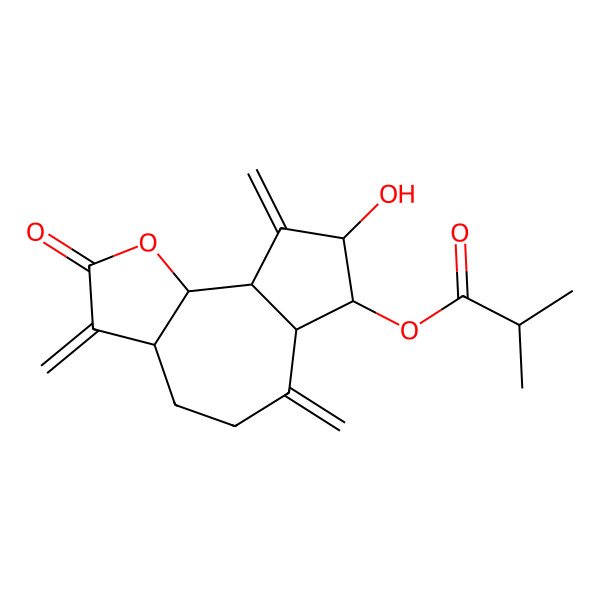 2D Structure of (8-Hydroxy-3,6,9-trimethylidene-2-oxo-3a,4,5,6a,7,8,9a,9b-octahydroazuleno[4,5-b]furan-7-yl) 2-methylpropanoate