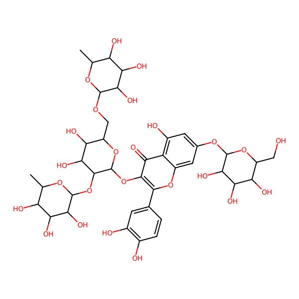 2D Structure of 2-(3,4-dihydroxyphenyl)-3-[(2S,3R,4S,5S,6R)-4,5-dihydroxy-3-[(2R,3R,4R,5R,6S)-3,4,5-trihydroxy-6-methyloxan-2-yl]oxy-6-[[(2R,3R,4R,5R,6S)-3,4,5-trihydroxy-6-methyloxan-2-yl]oxymethyl]oxan-2-yl]oxy-5-hydroxy-7-[(2S,3R,4S,5S,6R)-3,4,5-trihydroxy-6-(hydroxymethyl)oxan-2-yl]oxychromen-4-one