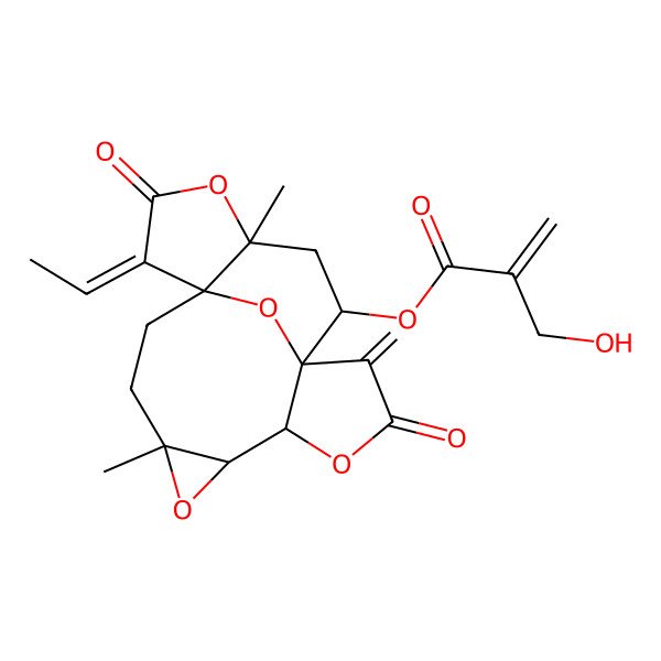 2D Structure of (17-Ethylidene-4,14-dimethyl-10-methylidene-9,16-dioxo-5,8,15,18-tetraoxapentacyclo[9.6.1.01,14.04,6.07,11]octadecan-12-yl) 2-(hydroxymethyl)prop-2-enoate