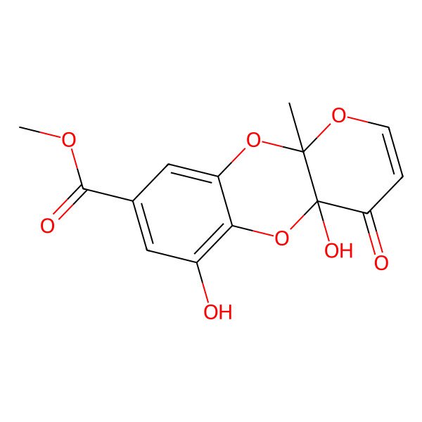 2D Structure of Methyl 4a,6-dihydroxy-10a-methyl-4-oxopyrano[2,3-b][1,4]benzodioxine-8-carboxylate