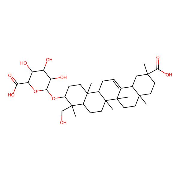 2D Structure of (2S,3S,4S,5R,6R)-6-[[(3S,4S,4aR,6aR,6bS,8aS,11R,12aR,14aR,14bR)-11-carboxy-4-(hydroxymethyl)-4,6a,6b,8a,11,14b-hexamethyl-1,2,3,4a,5,6,7,8,9,10,12,12a,14,14a-tetradecahydropicen-3-yl]oxy]-3,4,5-trihydroxyoxane-2-carboxylic acid
