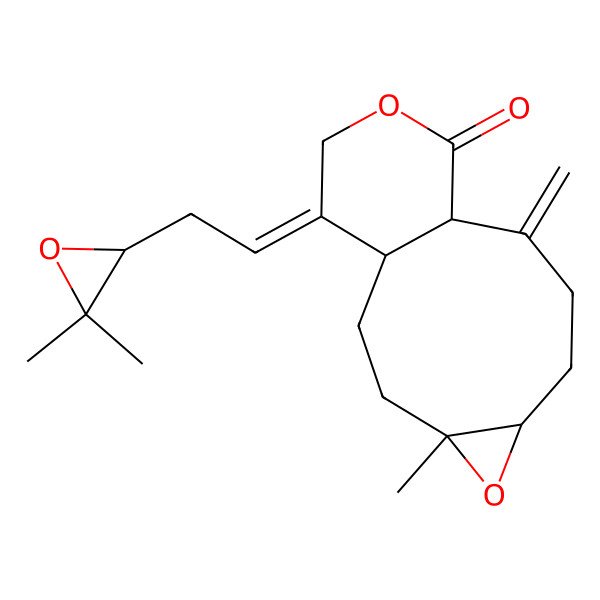 2D Structure of (1S,4S,6S,10R,14E)-14-[2-[(2R)-3,3-dimethyloxiran-2-yl]ethylidene]-4-methyl-9-methylidene-5,12-dioxatricyclo[8.4.0.04,6]tetradecan-11-one