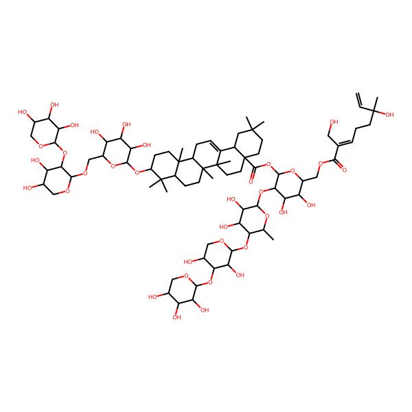 2D Structure of [3-[5-[3,5-Dihydroxy-4-(3,4,5-trihydroxyoxan-2-yl)oxyoxan-2-yl]oxy-3,4-dihydroxy-6-methyloxan-2-yl]oxy-4,5-dihydroxy-6-[[6-hydroxy-2-(hydroxymethyl)-6-methylocta-2,7-dienoyl]oxymethyl]oxan-2-yl] 10-[6-[[4,5-dihydroxy-3-(3,4,5-trihydroxyoxan-2-yl)oxyoxan-2-yl]oxymethyl]-3,4,5-trihydroxyoxan-2-yl]oxy-2,2,6a,6b,9,9,12a-heptamethyl-1,3,4,5,6,6a,7,8,8a,10,11,12,13,14b-tetradecahydropicene-4a-carboxylate