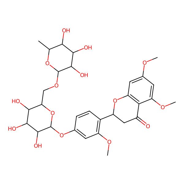 2D Structure of (2R)-5,7-dimethoxy-2-[2-methoxy-4-[(2S,3R,4S,5S,6R)-3,4,5-trihydroxy-6-[[(2R,3S,4R,5R,6S)-3,4,5-trihydroxy-6-methyloxan-2-yl]oxymethyl]oxan-2-yl]oxyphenyl]-2,3-dihydrochromen-4-one