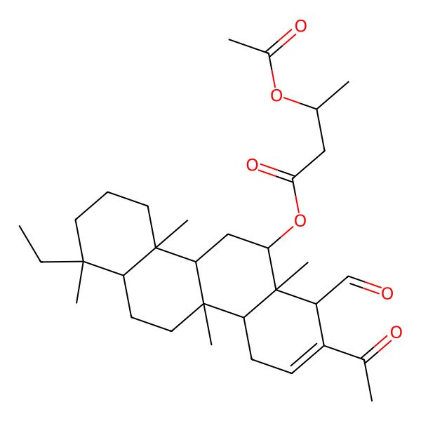 2D Structure of (8-Acetyl-1-ethyl-7-formyl-1,4a,6a,10b-tetramethyl-2,3,4,4b,5,6,7,10,10a,11,12,12a-dodecahydrochrysen-6-yl) 3-acetyloxybutanoate
