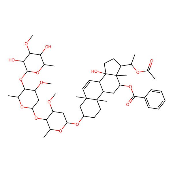 2D Structure of [(3S,5R,10R,12R,13S,14S,17S)-17-(1-acetyloxyethyl)-3-[(2R,4R,5R)-5-[(2S,4R,5R)-5-[(2S,4S,5R)-3,5-dihydroxy-4-methoxy-6-methyloxan-2-yl]oxy-4-methoxy-6-methyloxan-2-yl]oxy-4-methoxy-6-methyloxan-2-yl]oxy-14-hydroxy-5,10,13-trimethyl-2,3,4,8,9,11,12,15,16,17-decahydro-1H-cyclopenta[a]phenanthren-12-yl] benzoate