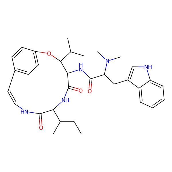 2D Structure of N-(7-butan-2-yl-5,8-dioxo-3-propan-2-yl-2-oxa-6,9-diazabicyclo[10.2.2]hexadeca-1(14),10,12,15-tetraen-4-yl)-2-(dimethylamino)-3-(1H-indol-3-yl)propanamide