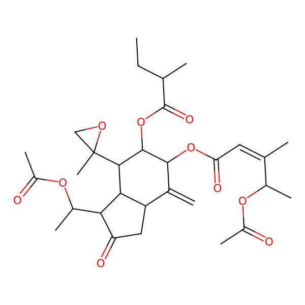 2D Structure of [(1S,3aR,5S,6R,7S,7aR)-1-[(1S)-1-acetyloxyethyl]-6-[(2R)-2-methylbutanoyl]oxy-4-methylidene-7-[(2S)-2-methyloxiran-2-yl]-2-oxo-3,3a,5,6,7,7a-hexahydro-1H-inden-5-yl] (E,4S)-4-acetyloxy-3-methylpent-2-enoate