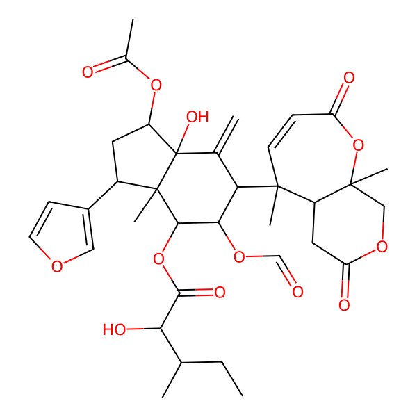 2D Structure of [(1S,3S,3aR,4R,5R,6R,7aS)-6-[(5R,5aR,9aS)-5,9a-dimethyl-2,7-dioxo-6,9-dihydro-5aH-pyrano[3,4-b]oxepin-5-yl]-1-acetyloxy-5-formyloxy-3-(furan-3-yl)-7a-hydroxy-3a-methyl-7-methylidene-1,2,3,4,5,6-hexahydroinden-4-yl] 2-hydroxy-3-methylpentanoate
