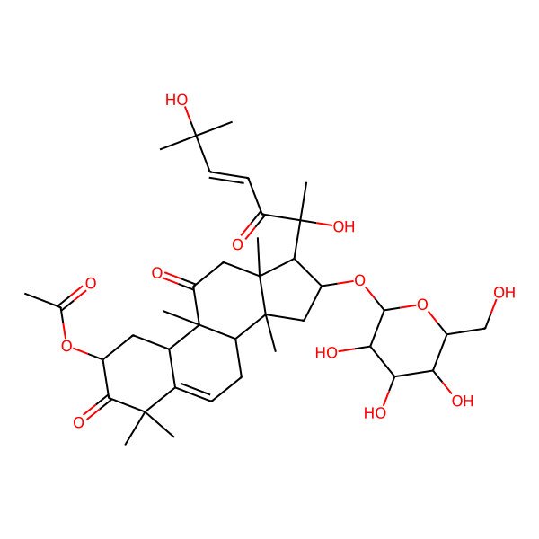 2D Structure of [(2S,8S,9R,10R,13R,14S,16R,17R)-17-[(E,2R)-2,6-dihydroxy-6-methyl-3-oxohept-4-en-2-yl]-4,4,9,13,14-pentamethyl-3,11-dioxo-16-[(2S,3S,4R,5R,6S)-3,4,5-trihydroxy-6-(hydroxymethyl)oxan-2-yl]oxy-2,7,8,10,12,15,16,17-octahydro-1H-cyclopenta[a]phenanthren-2-yl] acetate