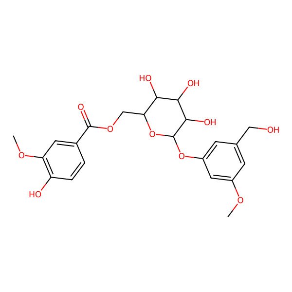 2D Structure of [(2R,3S,4S,5R,6S)-3,4,5-trihydroxy-6-[3-(hydroxymethyl)-5-methoxyphenoxy]oxan-2-yl]methyl 4-hydroxy-3-methoxybenzoate