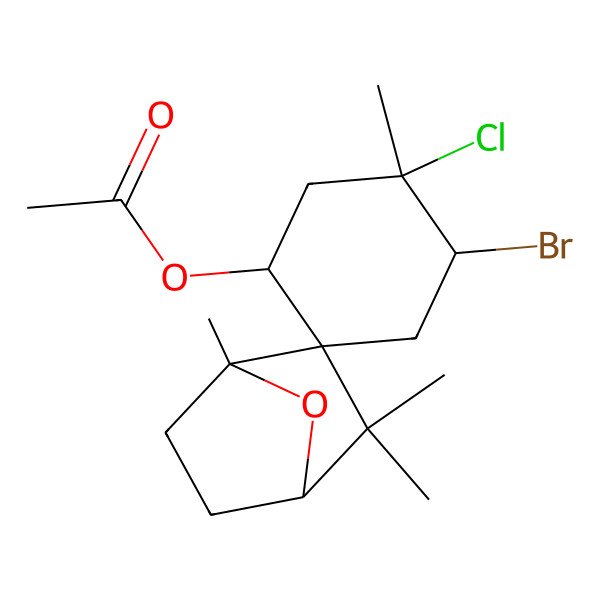2D Structure of [(1R,1'R,2R,4S,4'R,5'R)-4'-bromo-5'-chloro-1,3,3,5'-tetramethylspiro[7-oxabicyclo[2.2.1]heptane-2,2'-cyclohexane]-1'-yl] acetate