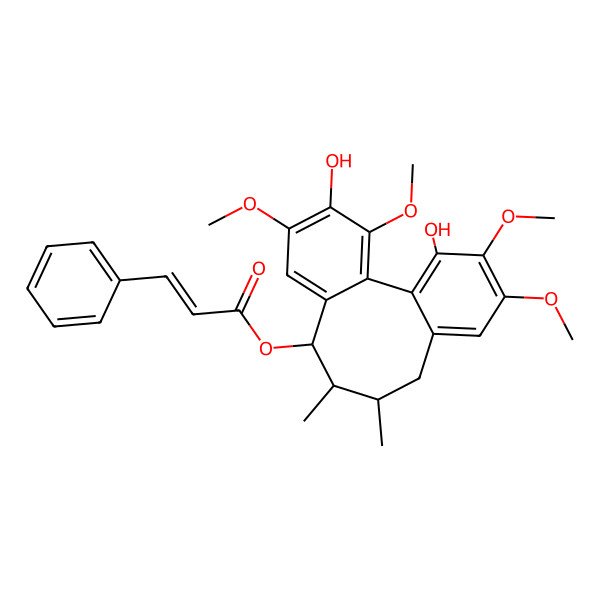 2D Structure of (4,16-Dihydroxy-3,5,14,15-tetramethoxy-9,10-dimethyl-8-tricyclo[10.4.0.02,7]hexadeca-1(16),2,4,6,12,14-hexaenyl) 3-phenylprop-2-enoate