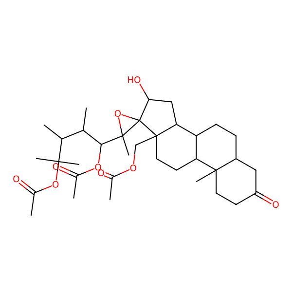 2D Structure of [(3'S,5S,8R,9S,10S,13S,14S,16S,17R)-3'-[(1R,2S,3S)-1,4-diacetyloxy-2,3,4-trimethylpentyl]-16-hydroxy-3',10-dimethyl-3-oxospiro[2,4,5,6,7,8,9,11,12,14,15,16-dodecahydro-1H-cyclopenta[a]phenanthrene-17,2'-oxirane]-13-yl]methyl acetate