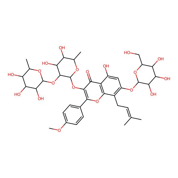 2D Structure of 3-[4,5-dihydroxy-6-methyl-3-[(2S)-3,4,5-trihydroxy-6-methyloxan-2-yl]oxyoxan-2-yl]oxy-5-hydroxy-2-(4-methoxyphenyl)-8-(3-methylbut-2-enyl)-7-[3,4,5-trihydroxy-6-(hydroxymethyl)oxan-2-yl]oxychromen-4-one