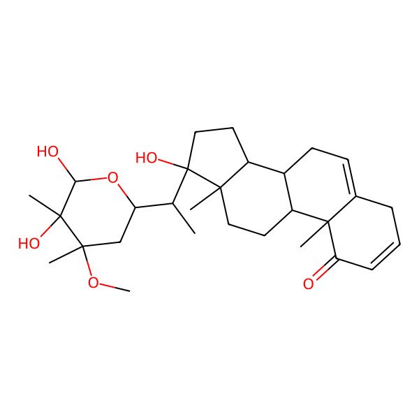 2D Structure of (8S,9S,10R,13S,14S,17S)-17-[(1R)-1-[(2R,4R,5S)-5,6-dihydroxy-4-methoxy-4,5-dimethyloxan-2-yl]ethyl]-17-hydroxy-10,13-dimethyl-7,8,9,11,12,14,15,16-octahydro-4H-cyclopenta[a]phenanthren-1-one