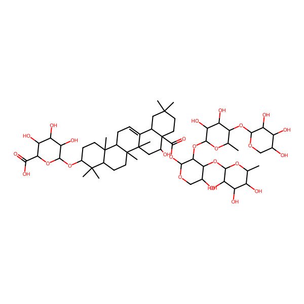 2D Structure of (2S,3S,4S,5R,6R)-6-[[(3S,4aR,6aR,6bS,8R,8aR,12aS,14aR,14bR)-8a-[(2S,3R,4S,5R)-3-[(2S,3R,4S,5R,6S)-3,4-dihydroxy-6-methyl-5-[(2S,3R,4S,5R)-3,4,5-trihydroxyoxan-2-yl]oxyoxan-2-yl]oxy-5-hydroxy-4-[(2S,3R,4R,5R,6S)-3,4,5-trihydroxy-6-methyloxan-2-yl]oxyoxan-2-yl]oxycarbonyl-8-hydroxy-4,4,6a,6b,11,11,14b-heptamethyl-1,2,3,4a,5,6,7,8,9,10,12,12a,14,14a-tetradecahydropicen-3-yl]oxy]-3,4,5-trihydroxyoxane-2-carboxylic acid