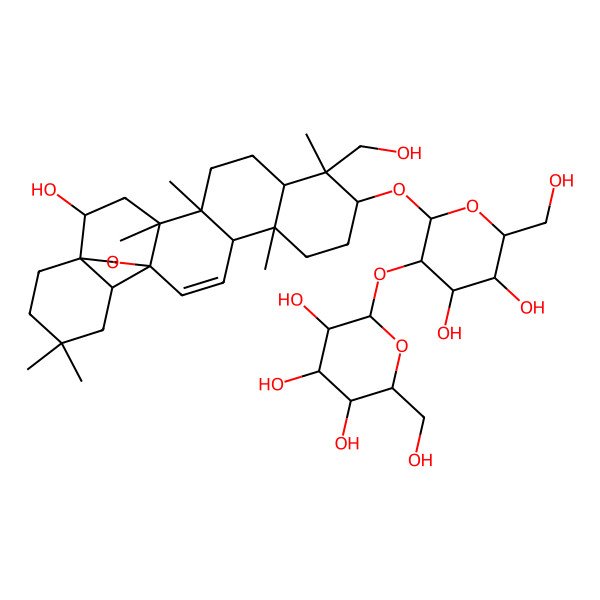 2D Structure of (2S,3R,4S,5S,6R)-2-[(2R,3R,4S,5S,6R)-4,5-dihydroxy-2-[[(1S,2S,4S,5R,8R,9R,10S,13S,14R,17S,18R)-2-hydroxy-9-(hydroxymethyl)-4,5,9,13,20,20-hexamethyl-24-oxahexacyclo[15.5.2.01,18.04,17.05,14.08,13]tetracos-15-en-10-yl]oxy]-6-(hydroxymethyl)oxan-3-yl]oxy-6-(hydroxymethyl)oxane-3,4,5-triol
