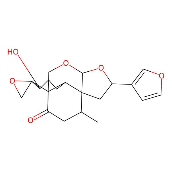 2D Structure of 6-(Furan-3-yl)-12-hydroxy-16-methylspiro[3,5-dioxatetracyclo[6.5.3.01,9.04,8]hexadecane-13,2'-oxirane]-14-one