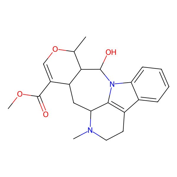 2D Structure of methyl (12R,14R,18R,19S,20R)-20-hydroxy-11,18-dimethyl-17-oxa-1,11-diazapentacyclo[10.8.1.02,7.08,21.014,19]henicosa-2,4,6,8(21),15-pentaene-15-carboxylate