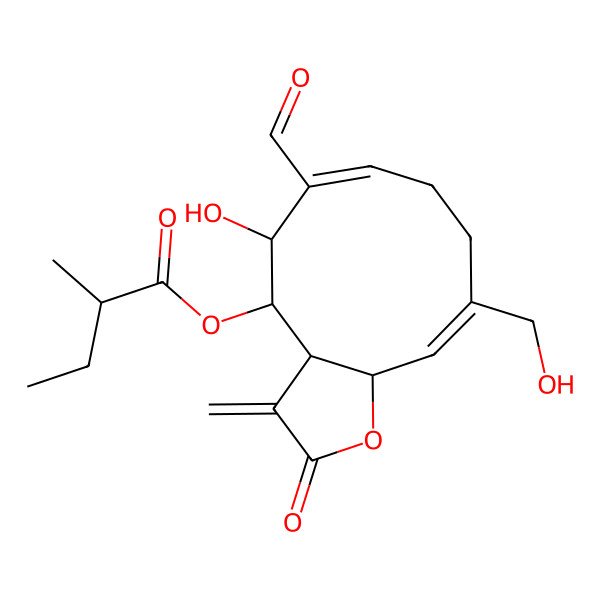 2D Structure of NCGC00384788-01_C20H26O7_Butanoic acid, 2-methyl-, (10Z)-6-formyl-2,3,3a,4,5,8,9,11a-octahydro-5-hydroxy-10-(hydroxymethyl)-3-methylene-2-oxocyclodeca[b]furan-4-yl ester