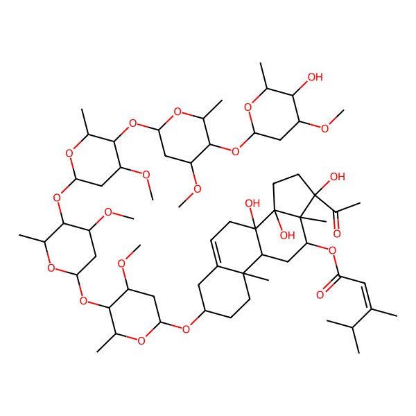 2D Structure of [(3S,8S,9R,10R,12R,13S,14R,17S)-17-acetyl-8,14,17-trihydroxy-3-[(2R,4S,5R,6R)-5-[(2S,4S,5R,6R)-5-[(2S,4R,5R,6R)-5-[(2S,4R,5R,6R)-5-[(2S,4R,5R,6R)-5-hydroxy-4-methoxy-6-methyloxan-2-yl]oxy-4-methoxy-6-methyloxan-2-yl]oxy-4-methoxy-6-methyloxan-2-yl]oxy-4-methoxy-6-methyloxan-2-yl]oxy-4-methoxy-6-methyloxan-2-yl]oxy-10,13-dimethyl-1,2,3,4,7,9,11,12,15,16-decahydrocyclopenta[a]phenanthren-12-yl] (E)-3,4-dimethylpent-2-enoate