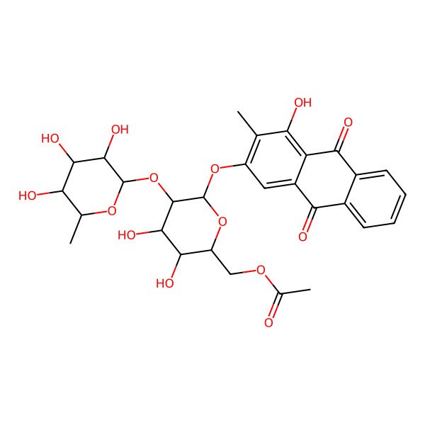 2D Structure of [(2R,3S,4S,5R,6S)-3,4-dihydroxy-6-(4-hydroxy-3-methyl-9,10-dioxoanthracen-2-yl)oxy-5-[(2S,3R,4R,5R,6S)-3,4,5-trihydroxy-6-methyloxan-2-yl]oxyoxan-2-yl]methyl acetate