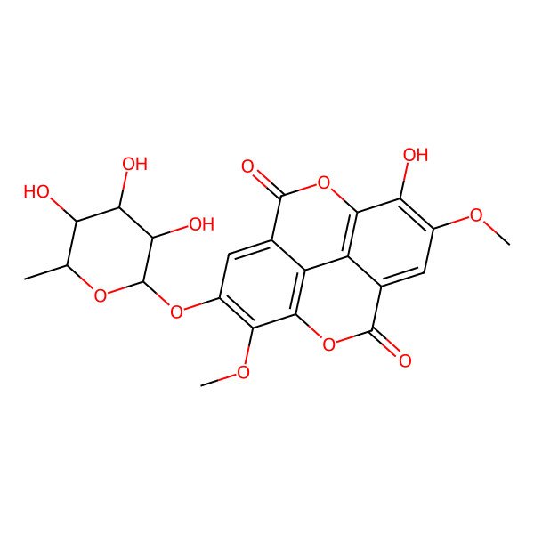 2D Structure of 7-Hydroxy-6,14-dimethoxy-13-(3,4,5-trihydroxy-6-methyloxan-2-yl)oxy-2,9-dioxatetracyclo[6.6.2.04,16.011,15]hexadeca-1(15),4,6,8(16),11,13-hexaene-3,10-dione