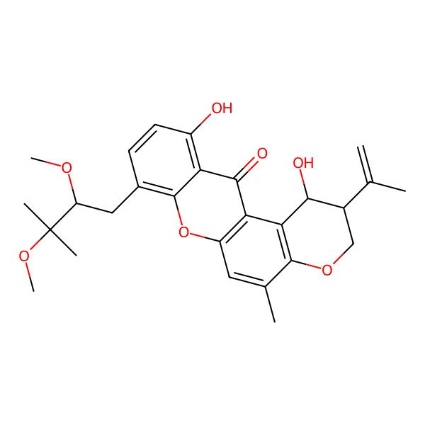 2D Structure of 8-(2,3-dimethoxy-3-methylbutyl)-1,11-dihydroxy-5-methyl-2-prop-1-en-2-yl-2,3-dihydro-1H-pyrano[3,2-a]xanthen-12-one