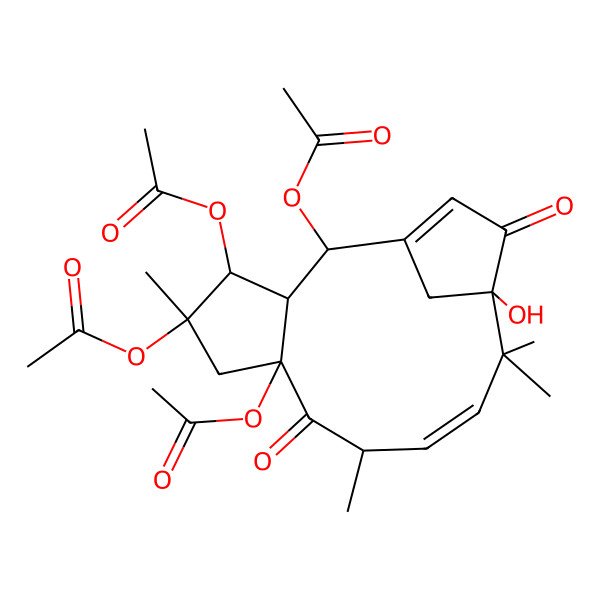 2D Structure of [(2S,3R,4S,5S,7S,9S,10E,13S)-4,5,7-triacetyloxy-13-hydroxy-5,9,12,12-tetramethyl-8,14-dioxo-2-tricyclo[11.2.1.03,7]hexadeca-1(15),10-dienyl] acetate
