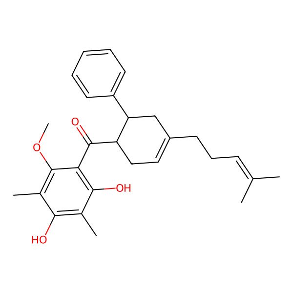 2D Structure of (2,4-dihydroxy-6-methoxy-3,5-dimethylphenyl)-[(1R,6R)-4-(4-methylpent-3-enyl)-6-phenylcyclohex-3-en-1-yl]methanone