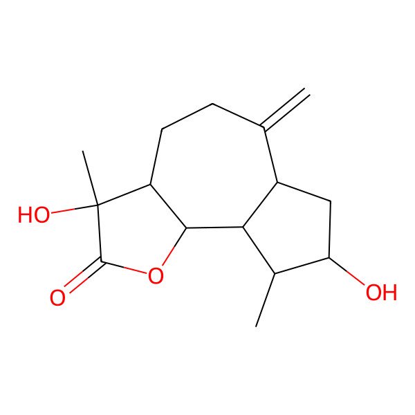 2D Structure of (3S,3aS,6aS,8S,9S,9aS,9bS)-3,8-dihydroxy-3,9-dimethyl-6-methylidene-4,5,6a,7,8,9,9a,9b-octahydro-3aH-azuleno[4,5-b]furan-2-one