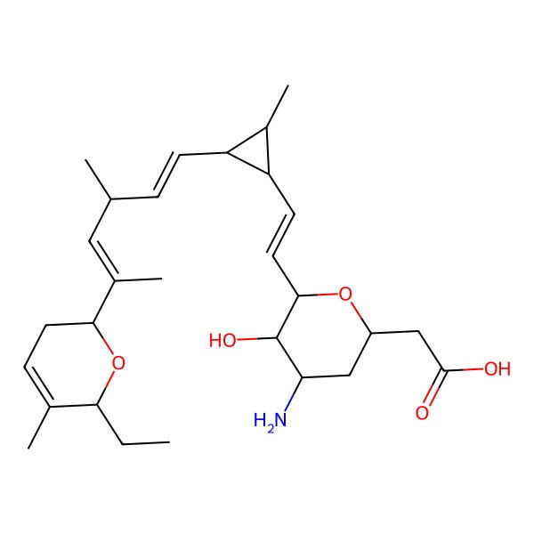 2D Structure of 2-[(2S,4S,5R,6S)-4-amino-6-[(E)-2-[(1S,2S,3R)-2-[(1E,3R,4E)-5-[(2R,6R)-6-ethyl-5-methyl-3,6-dihydro-2H-pyran-2-yl]-3-methylhexa-1,4-dienyl]-3-methylcyclopropyl]ethenyl]-5-hydroxyoxan-2-yl]acetic acid