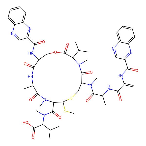 2D Structure of 3-Methyl-2-[methyl-[4,11,13-trimethyl-6-[methyl-[2-[2-(quinoxaline-2-carbonylamino)prop-2-enoylamino]propanoyl]amino]-9-methylsulfanyl-2,5,12,15-tetraoxo-3-propan-2-yl-16-(quinoxaline-2-carbonylamino)-1-oxa-8-thia-4,11,14-triazacycloheptadecane-10-carbonyl]amino]butanoic acid