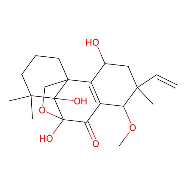 2D Structure of 5-Ethenyl-3,9,10-trihydroxy-6-methoxy-5,11,11-trimethyl-16-oxatetracyclo[7.5.2.01,10.02,7]hexadec-2(7)-en-8-one