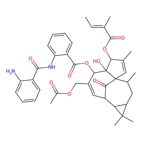 2D Structure of [(1S,4S,5R,6R,9R,10R,12R,14R)-7-(acetyloxymethyl)-5-hydroxy-3,11,11,14-tetramethyl-4-[(Z)-2-methylbut-2-enoyl]oxy-15-oxo-6-tetracyclo[7.5.1.01,5.010,12]pentadeca-2,7-dienyl] 2-[(2-aminobenzoyl)amino]benzoate