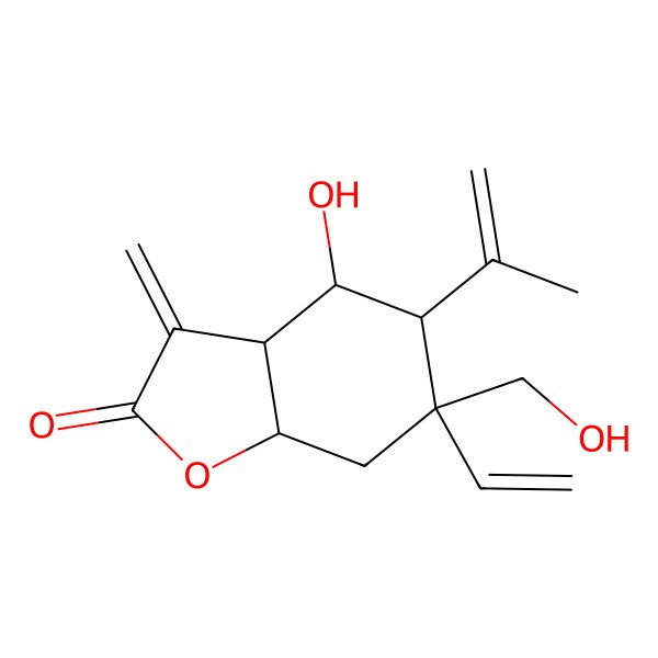 2D Structure of 6-ethenyl-4-hydroxy-6-(hydroxymethyl)-3-methylidene-5-prop-1-en-2-yl-4,5,7,7a-tetrahydro-3aH-1-benzofuran-2-one