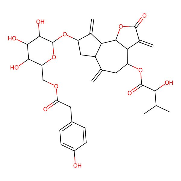 2D Structure of [(3aR,4R,6aR,8S,9aR,9bR)-3,6,9-trimethylidene-2-oxo-8-[(2R,3R,4S,5S,6R)-3,4,5-trihydroxy-6-[[2-(4-hydroxyphenyl)acetyl]oxymethyl]oxan-2-yl]oxy-3a,4,5,6a,7,8,9a,9b-octahydroazuleno[4,5-b]furan-4-yl] (2R)-2-hydroxy-3-methylbutanoate