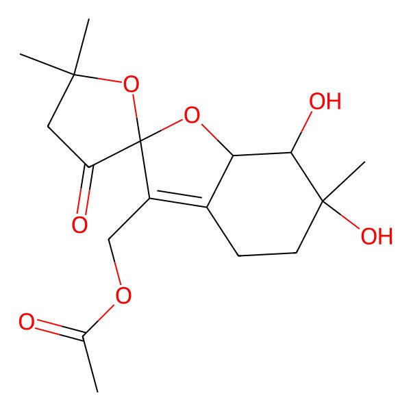 2D Structure of (6,7-Dihydroxy-5',5',6-trimethyl-3'-oxospiro[4,5,7,7a-tetrahydro-1-benzofuran-2,2'-oxolane]-3-yl)methyl acetate