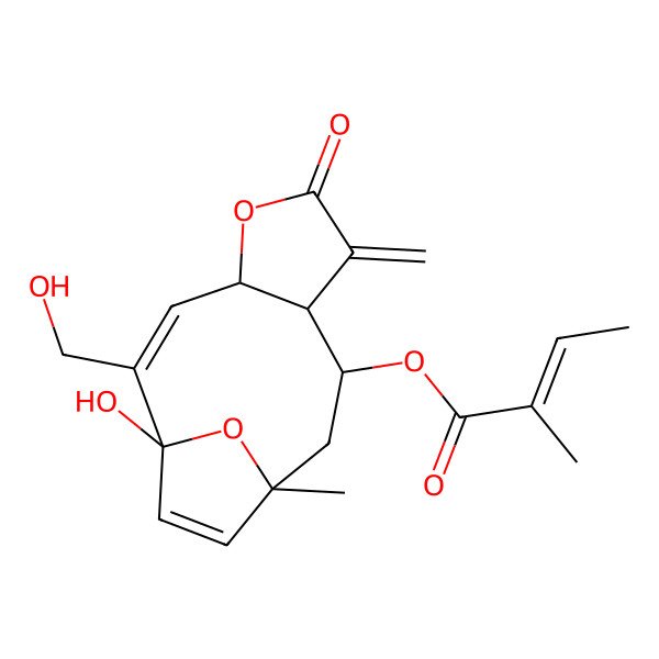2D Structure of [(1S,2Z,4S,8R,9R,11S)-1-hydroxy-2-(hydroxymethyl)-11-methyl-7-methylidene-6-oxo-5,14-dioxatricyclo[9.2.1.04,8]tetradeca-2,12-dien-9-yl] (Z)-2-methylbut-2-enoate