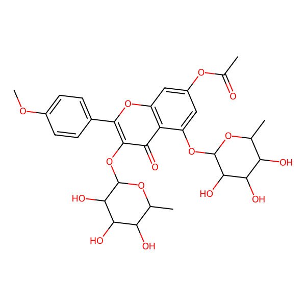 2D Structure of [2-(4-methoxyphenyl)-4-oxo-3,5-bis[[(2S,3R,4R,5R,6S)-3,4,5-trihydroxy-6-methyloxan-2-yl]oxy]chromen-7-yl] acetate