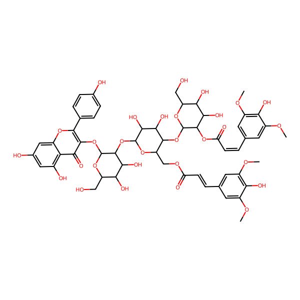 2D Structure of [(2R,3S,4R,5R,6S)-3-[(2S,3R,4S,5S,6R)-4,5-dihydroxy-3-[(E)-3-(4-hydroxy-3,5-dimethoxyphenyl)prop-2-enoyl]oxy-6-(hydroxymethyl)oxan-2-yl]oxy-6-[(2S,3R,4S,5R,6R)-2-[5,7-dihydroxy-2-(4-hydroxyphenyl)-4-oxochromen-3-yl]oxy-4,5-dihydroxy-6-(hydroxymethyl)oxan-3-yl]oxy-4,5-dihydroxyoxan-2-yl]methyl (E)-3-(4-hydroxy-3,5-dimethoxyphenyl)prop-2-enoate