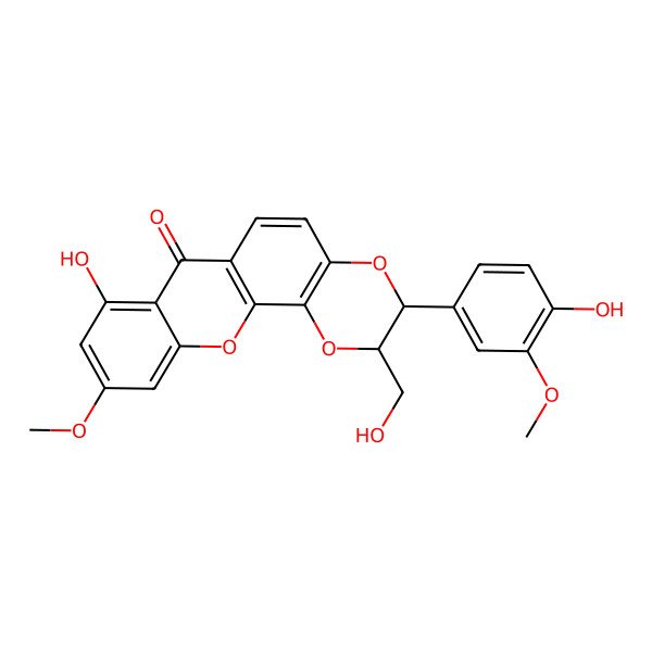 2D Structure of (2R)-2,3-Dihydro-8-hydroxy-10-methoxy-3beta-(4-hydroxy-3-methoxyphenyl)-2alpha-hydroxymethyl-7H-1,4-dioxino[2,3-c]xanthene-7-one