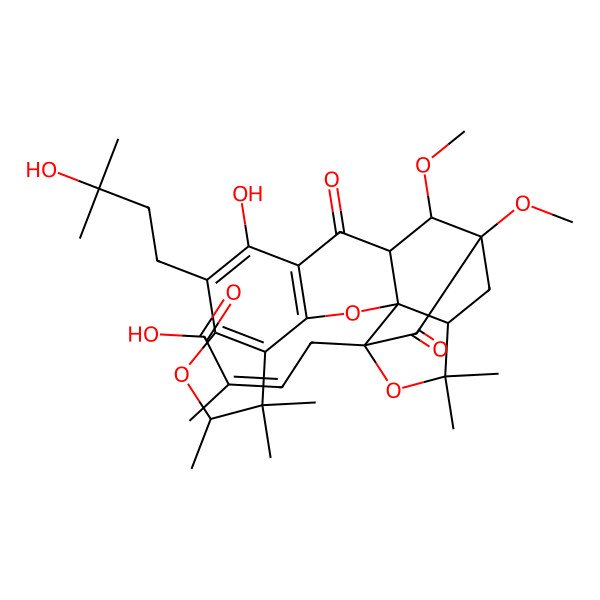 2D Structure of 4-[11-Hydroxy-10-(3-hydroxy-3-methylbutyl)-15,16-dimethoxy-6,6,7,20,20-pentamethyl-13,17-dioxo-3,8,19-trioxahexacyclo[14.4.1.02,14.02,18.04,12.05,9]henicosa-4(12),5(9),10-trien-18-yl]-2-methylbut-2-enoic acid