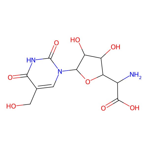 2D Structure of 5-Amino-1,5-dideoxy-1-(1,2,3,4-tetrahydro-5-hydroxymethyl-2,4-dioxopyrimidin-1-yl)-beta-D-allofuranuronic acid